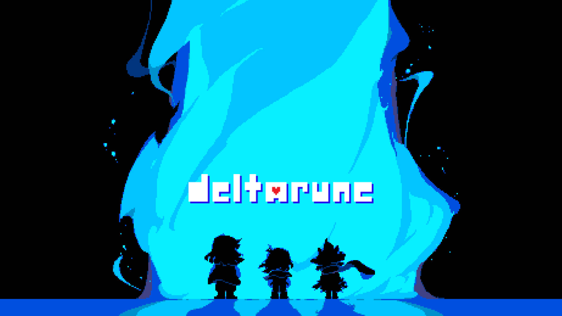 三個像素角色面對一個發光的藍色傳送門，上面有「deltarune」文字。