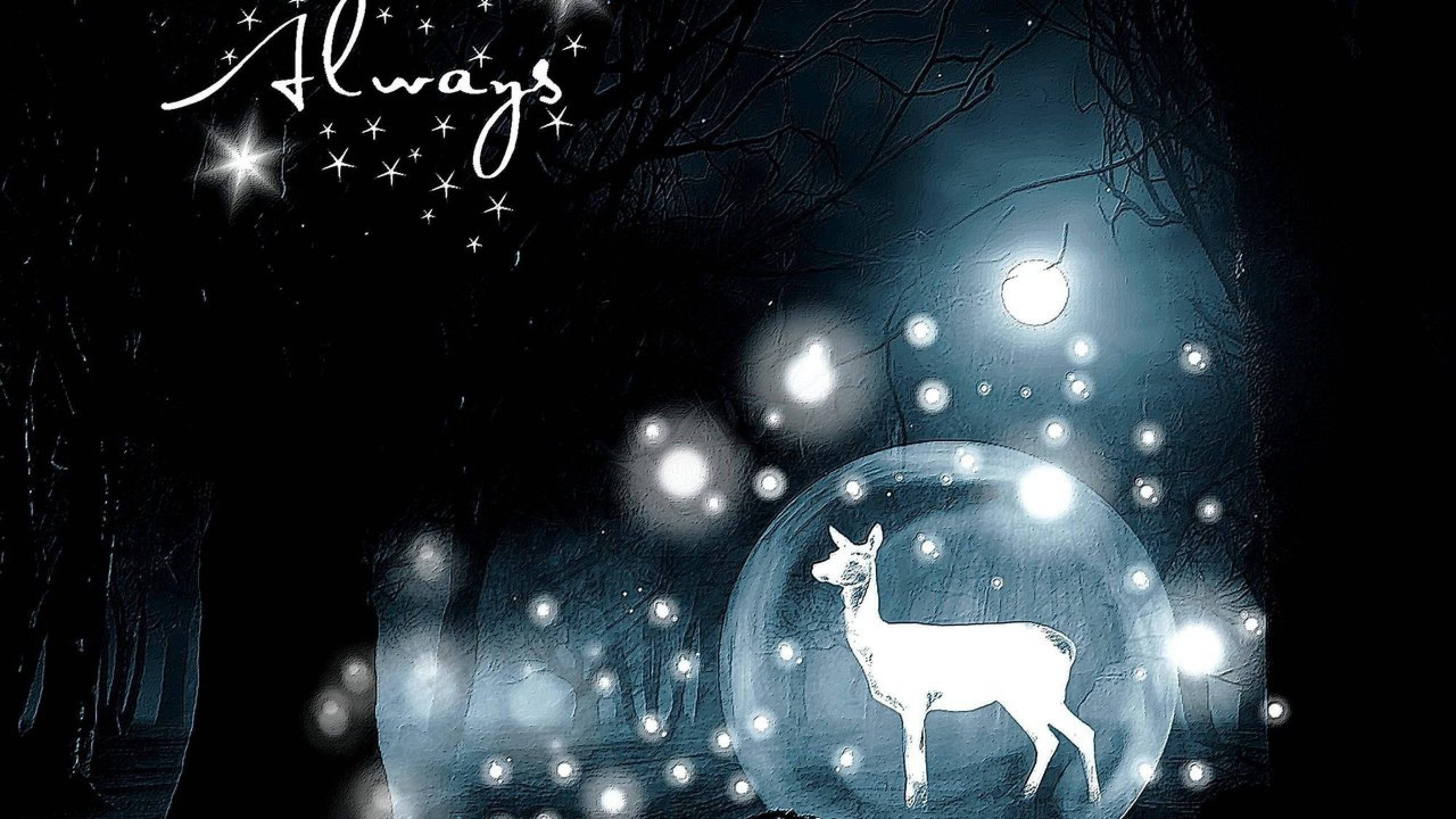 光暈雌鹿 Patronus 可愛黑白風 壁紙 — 一隻發光的白色鹿站在透明氣泡內，身處黑暗森林中，上方是繁星點點的夜空，並有「Always」字樣漂浮。