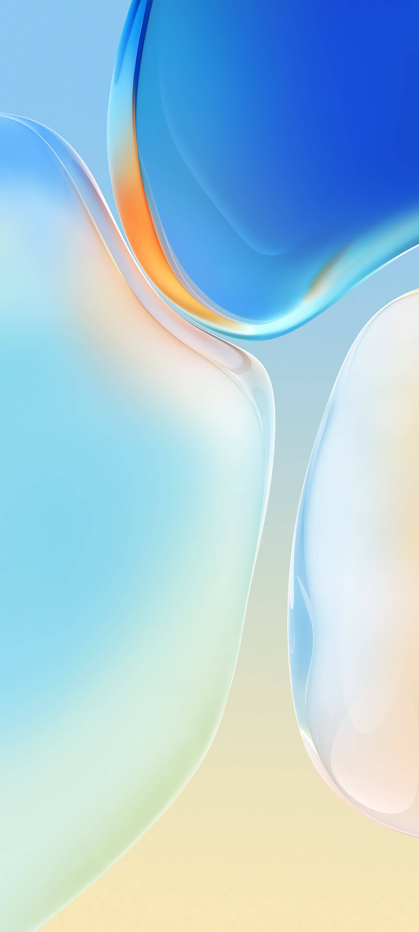 Bubbles 桌布 壁紙 — 光滑半透明的藍色和黃色抽象形狀在柔和的漸變背景上優雅地流動。