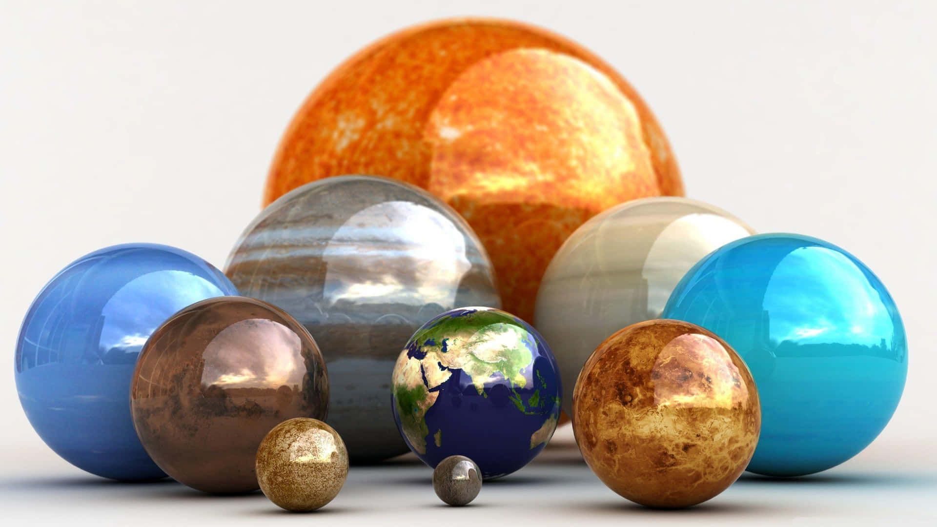 一個色彩繽紛的3D渲染太陽系，地球、木星和土星等行星在白色背景上發光。