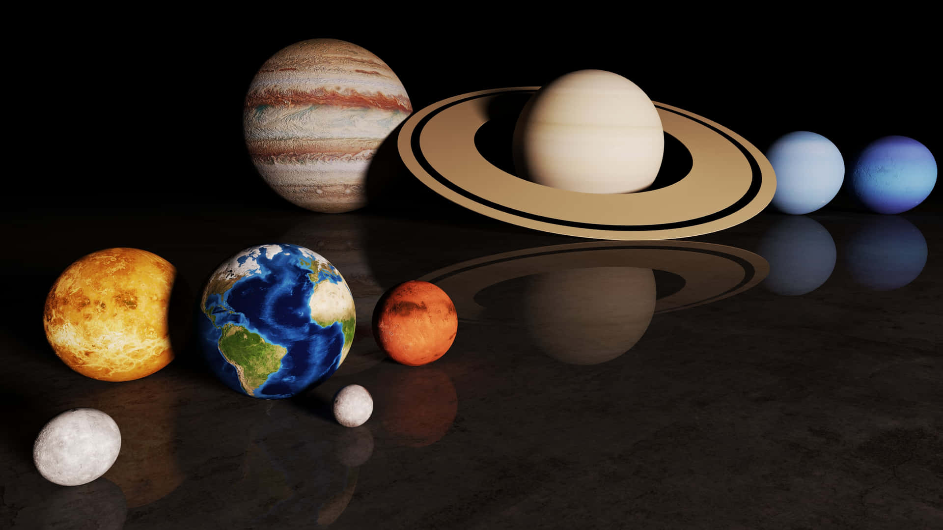 一系列行星，包括土星和地球，顯示在反光表面上。