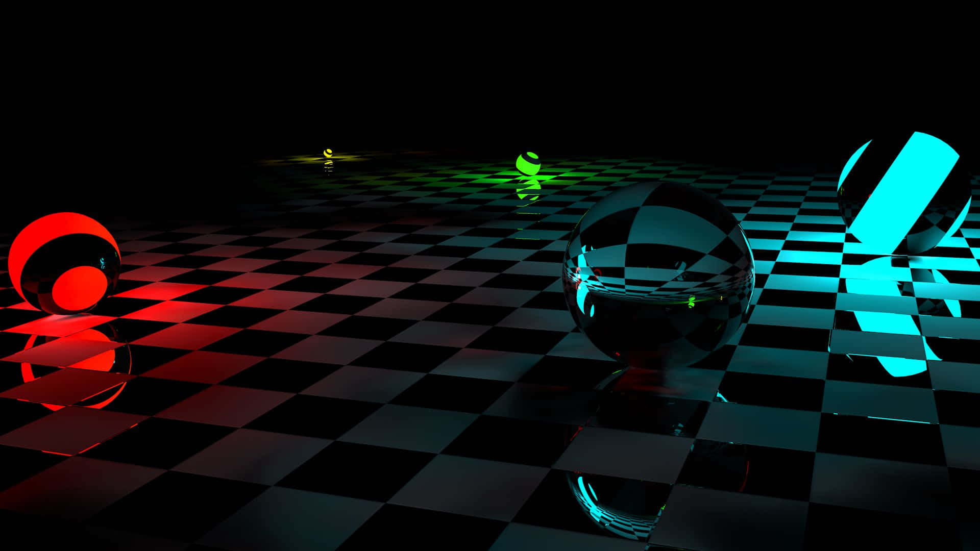 3d Graphics 桌布 壁紙 — 光澤球體在黑暗數位空間的黑白棋盤格地板上反射霓虹燈光。
