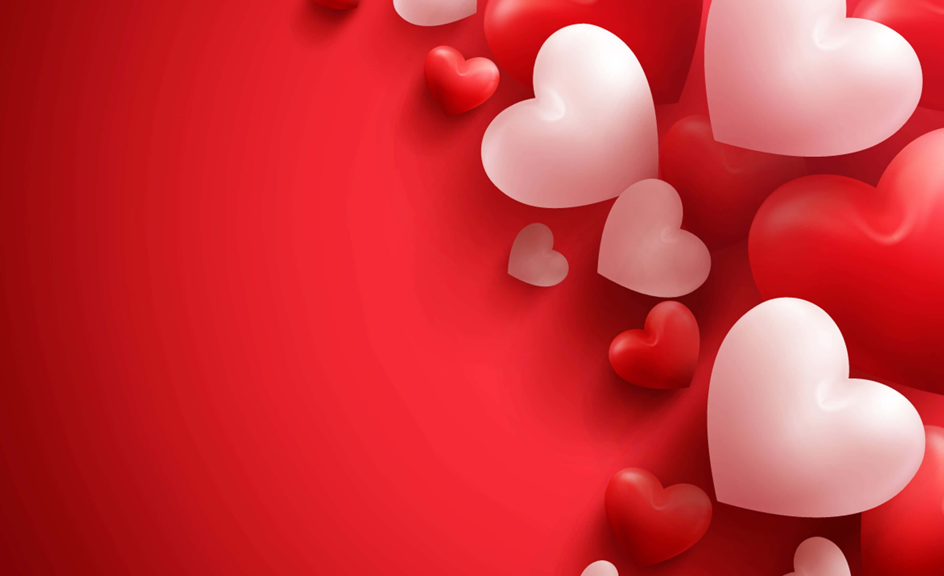 Red Heart 桌布 壁紙 — 光澤的紅色和白色心形在充滿活力的紅色漸變背景上對角漂浮。