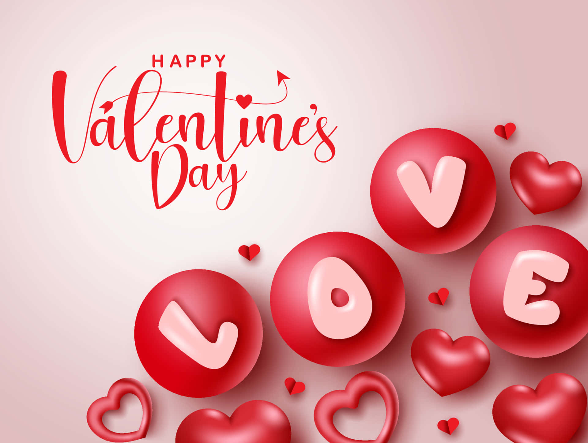Happy Valentines Day 桌布 壁紙 — 光澤的紅色心形和球體在柔和的粉紅色背景上以優雅的字體拼出 LOVE 和「Happy Valentine's Day」。