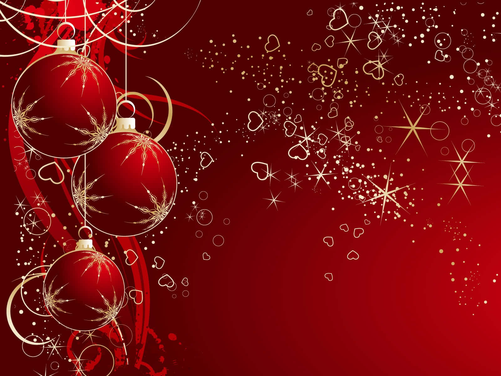 Red Aesthetic Christmas 桌布 壁紙 — 光澤的紅色聖誕裝飾品帶有金色雪花圖案，掛在深紅色背景上，點綴著閃爍的金色心形和星星。