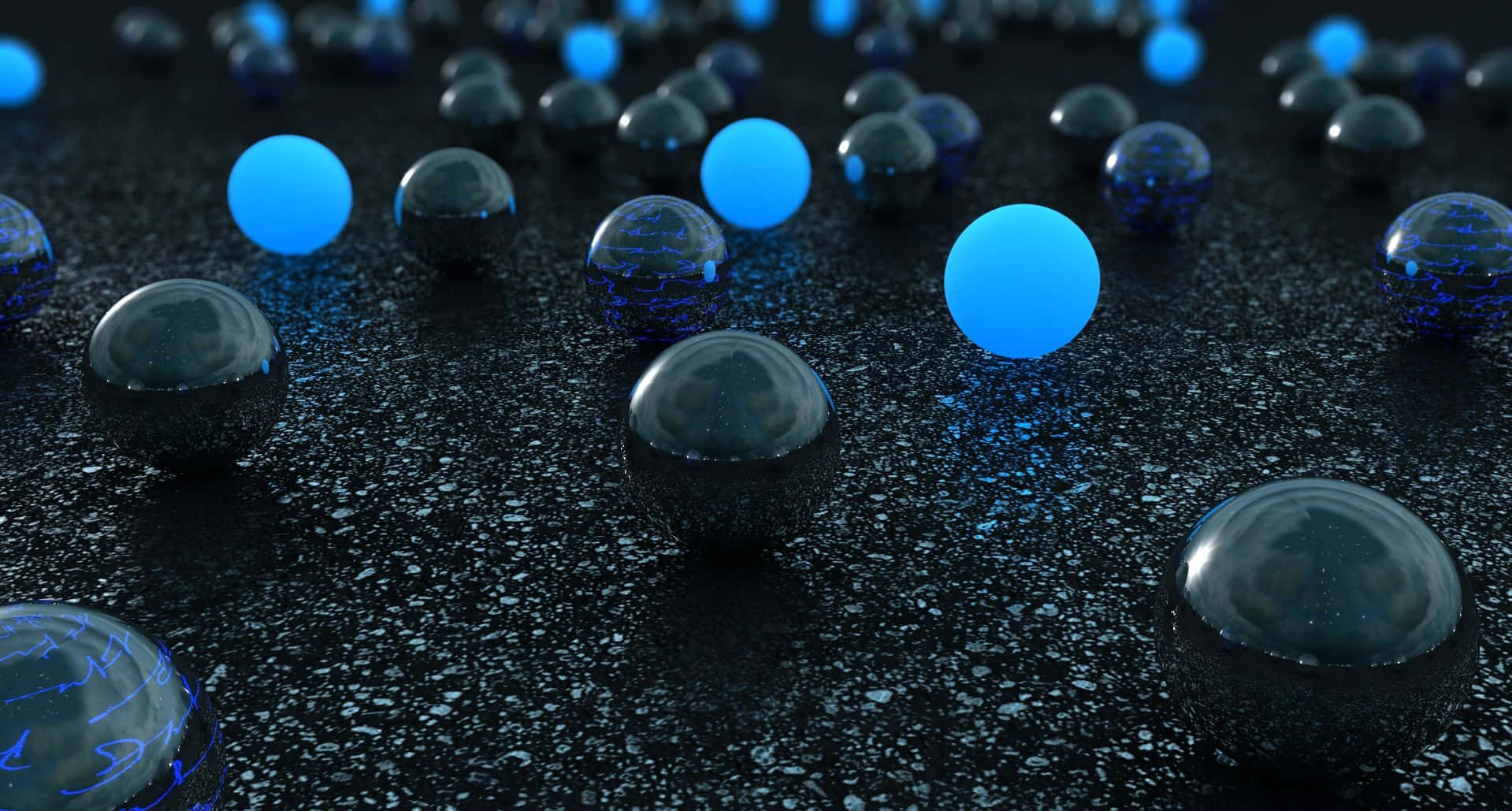 3d Water 桌布 壁紙 — 光澤的藍色和黑色球體放置在一個帶有電光藍色光芒的深色紋理表面上。