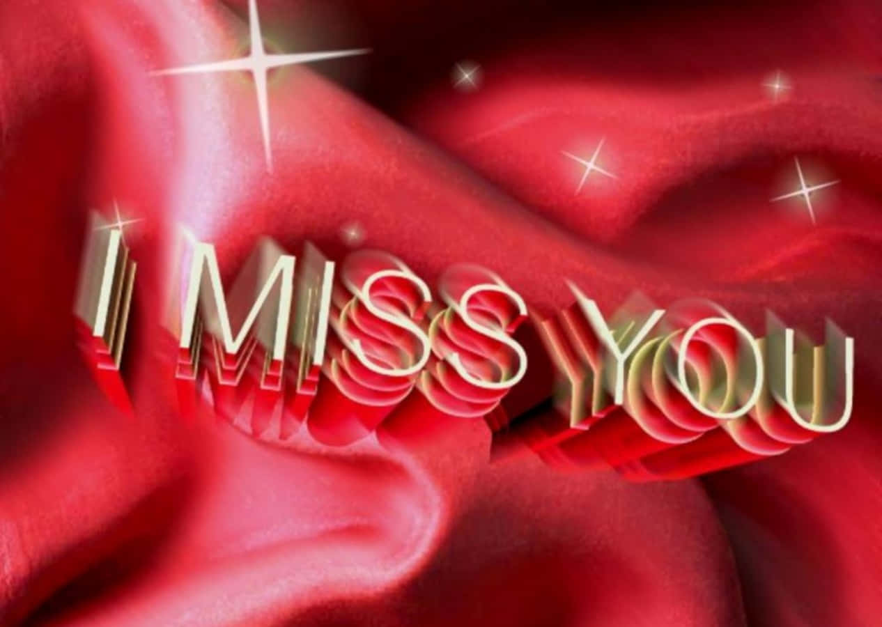 I Miss You 桌布 壁紙 — 光澤紅色布料波浪，下方有發光3D文字寫著「I MISS YOU」，並帶有閃爍星爆。
