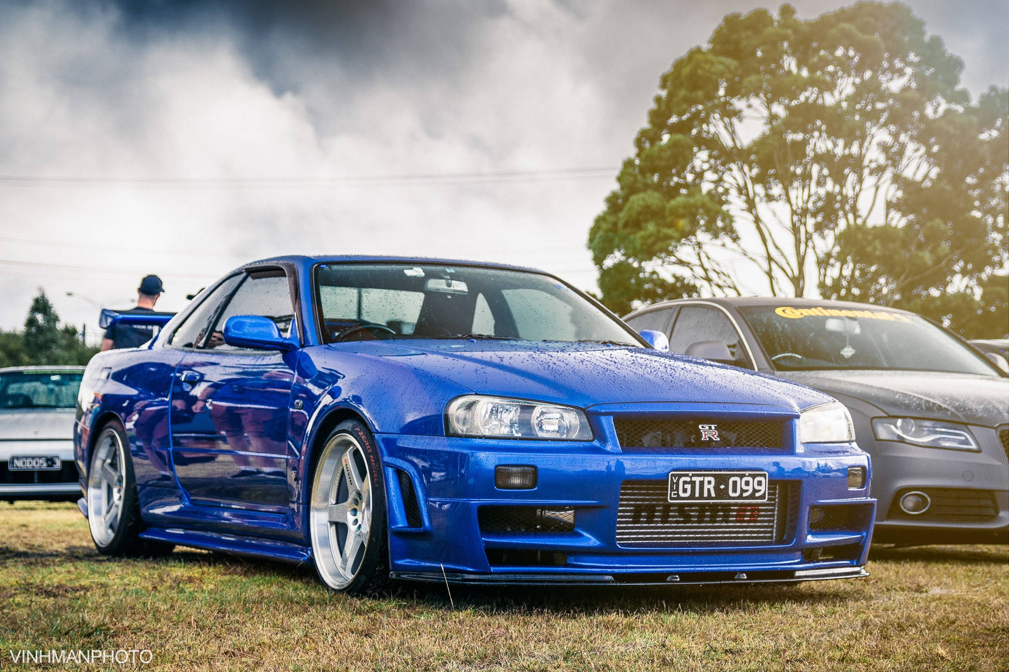 光澤藍 Nissan Skyline GTR R34 壁紙 — 一輛充滿活力的藍色日產Skyline GTR停泊在草地上，天空多雲，背景有樹木。