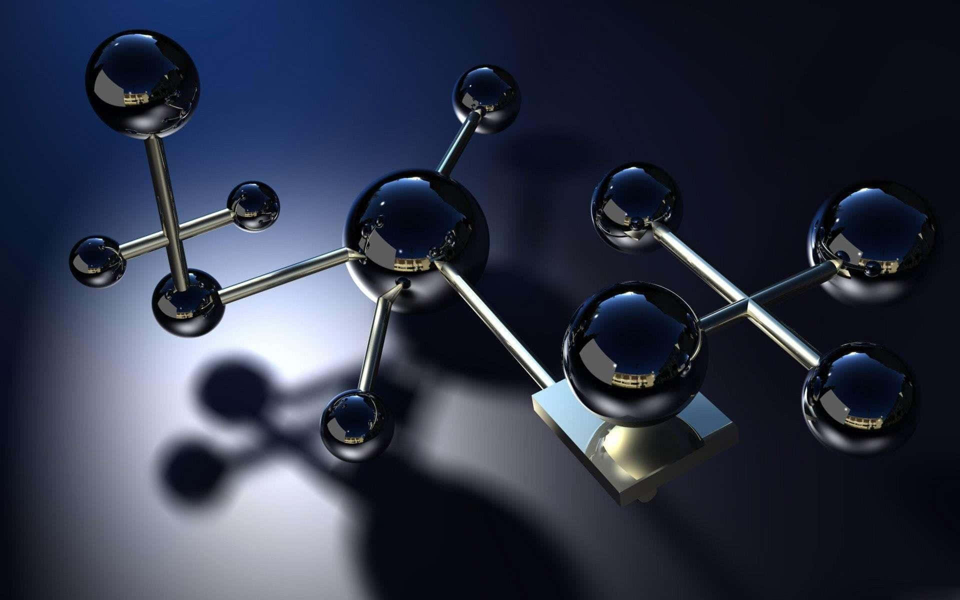 Chemistry 桌布 壁紙 — 光澤黑色球體由金屬棒連接，在深藍色漸變背景上形成分子結構，帶有戲劇性燈光效果。