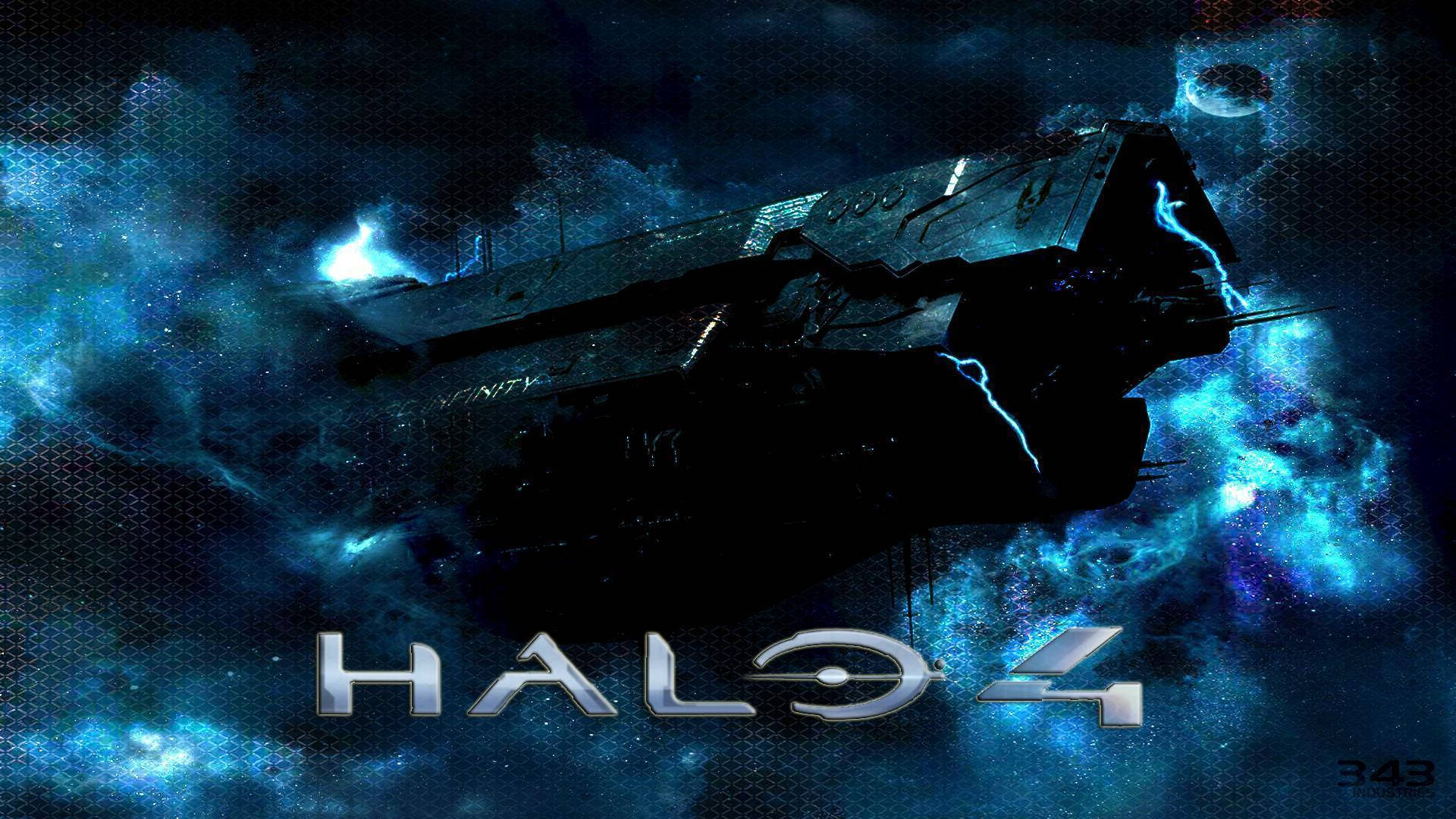 光環 4 UNSC 無限號 壁紙 — UNSC Infinity 太空船滑過充滿活力的藍色星雲，電光沿著船體劈啪作響。