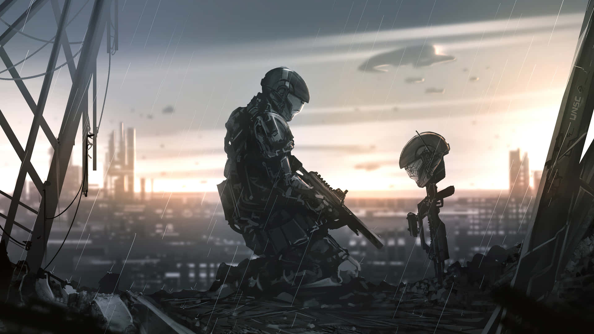 兩名身穿盔甲的士兵在雨中跪在廢墟城市屋頂上，天空中有外星飛船。
