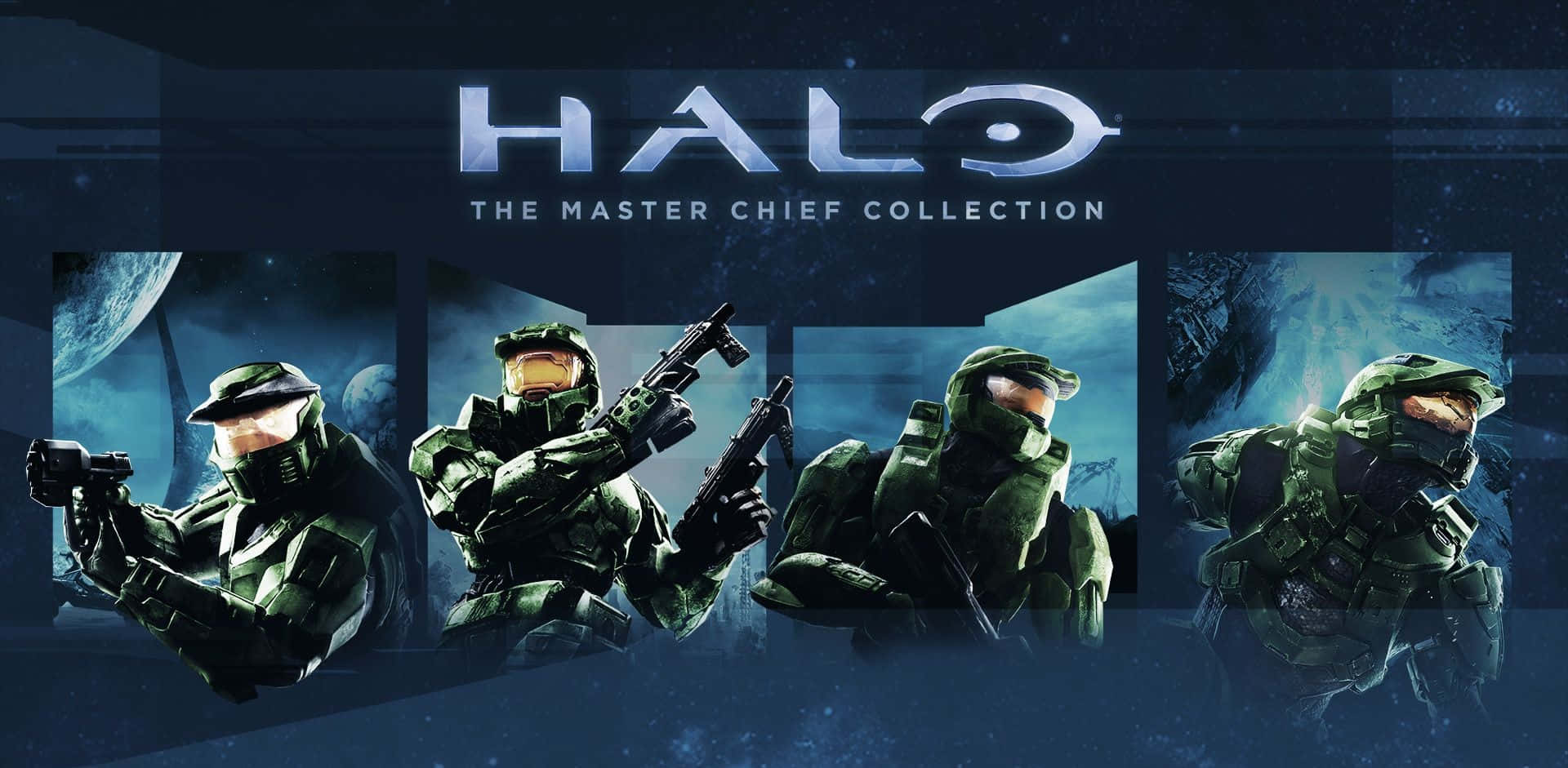 四名身穿綠色盔甲的Halo Master Chief戰士在星空太空背景下手持武器。