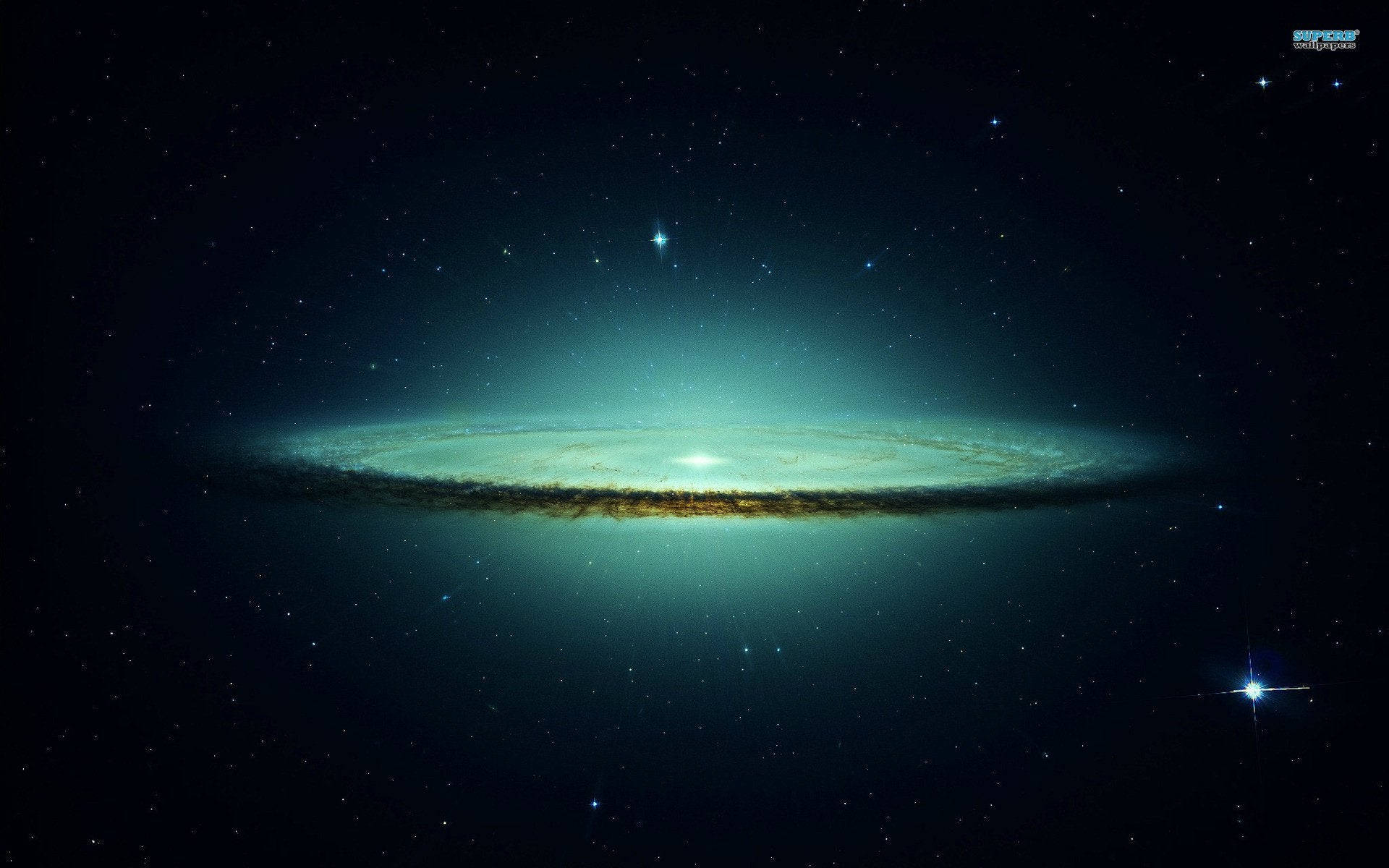 一個發光的螺旋星系，帶有藍綠色旋臂和金色核心，周圍環繞著星星。