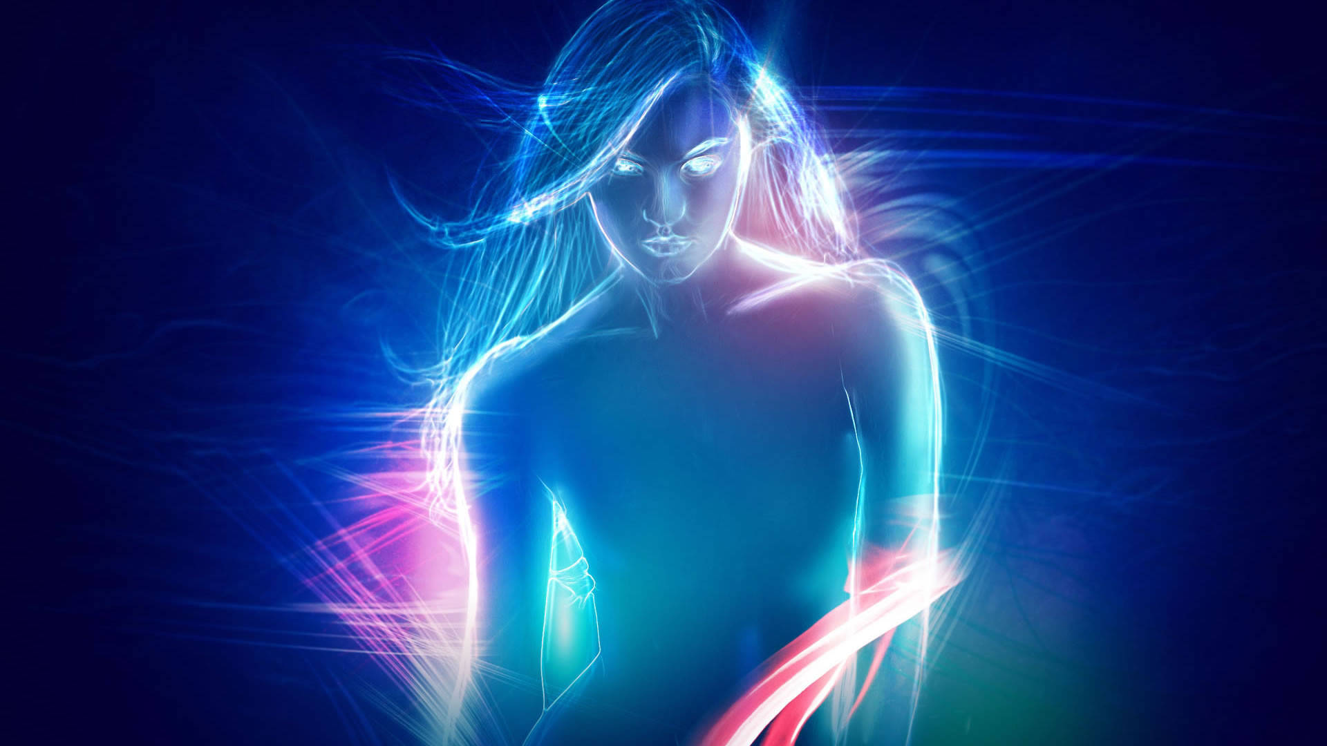 光線女性3D筆記本電腦 壁紙 — 一個發光的數碼女性，擁有電藍色頭髮和霓虹條紋，在黑暗背景中閃耀。