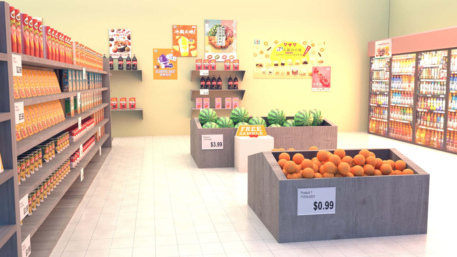 supermarket 桌布 壁紙 — 光線明亮的超市通道，貨架上擺滿零食和冷藏飲品，兩旁放著西瓜和橙的箱子。