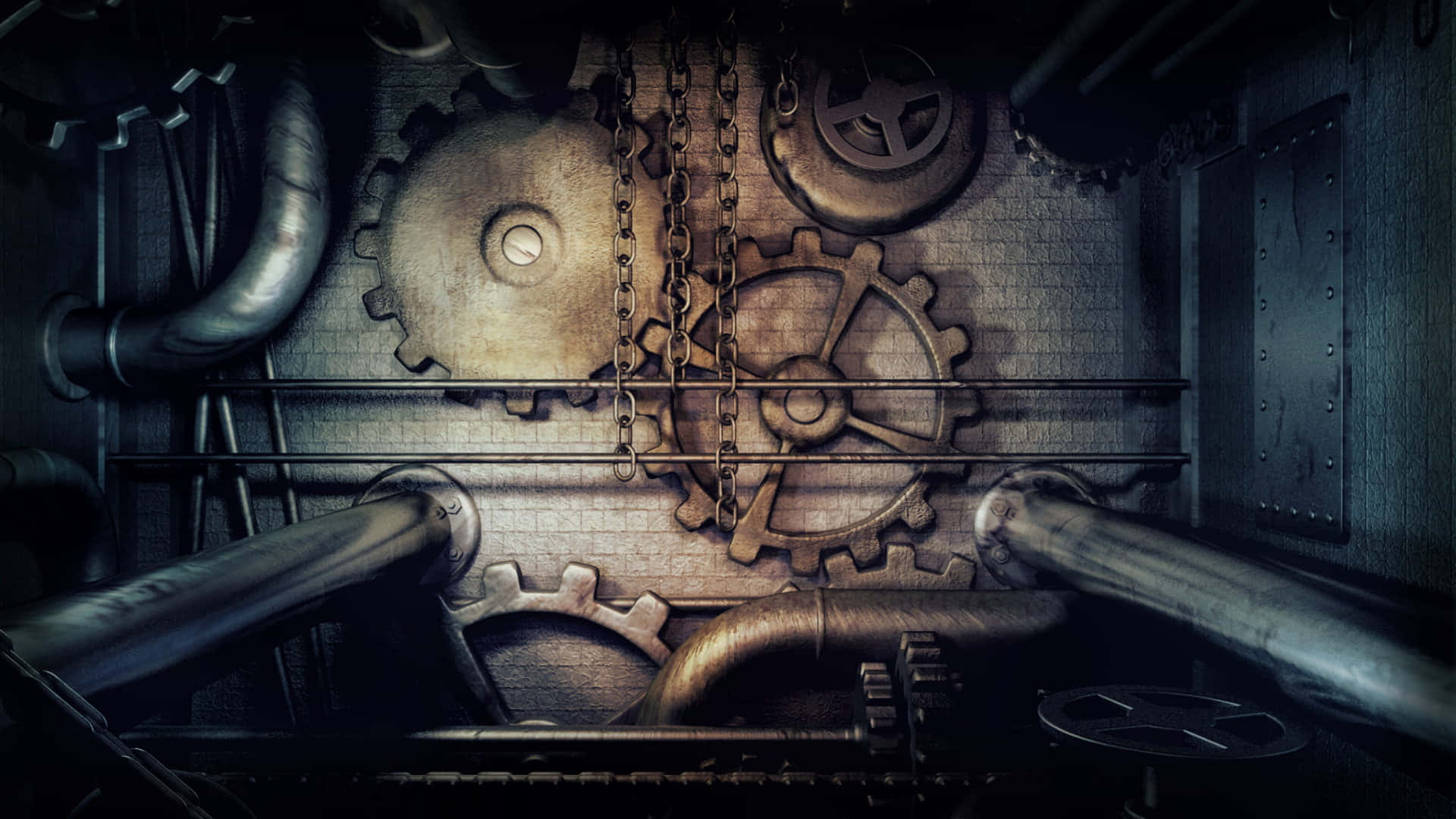 Dark Steampunk 桌布 壁紙 — 光線昏暗的工業室內，大型生鏽齒輪、鏈條和管道營造出粗獷的蒸氣龐克氛圍。
