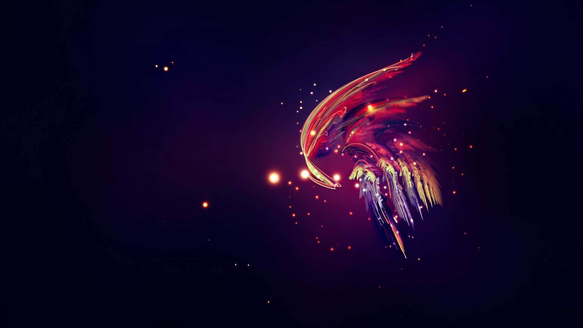 光與暗的極簡融合 壁紙 — 一隻帶有發光翅膀的火鳳凰衝破宇宙黑暗，周圍漂浮著星星和光芒四射的粒子。