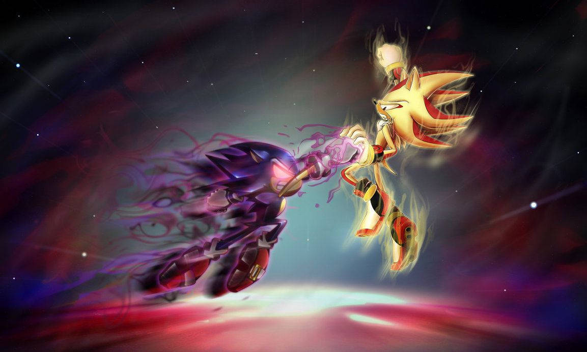 光與暗索尼克 壁紙 — 索尼克和夏特在星雲背景下以能量爆炸進行宇宙對決。