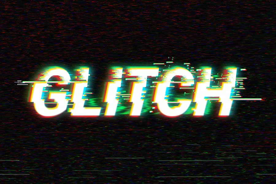光與鮮豔色彩的抽象宇宙 壁紙 — GLITCH 一詞在充滿雜訊的黑色背景上以扭曲的霓虹色彩脈動。