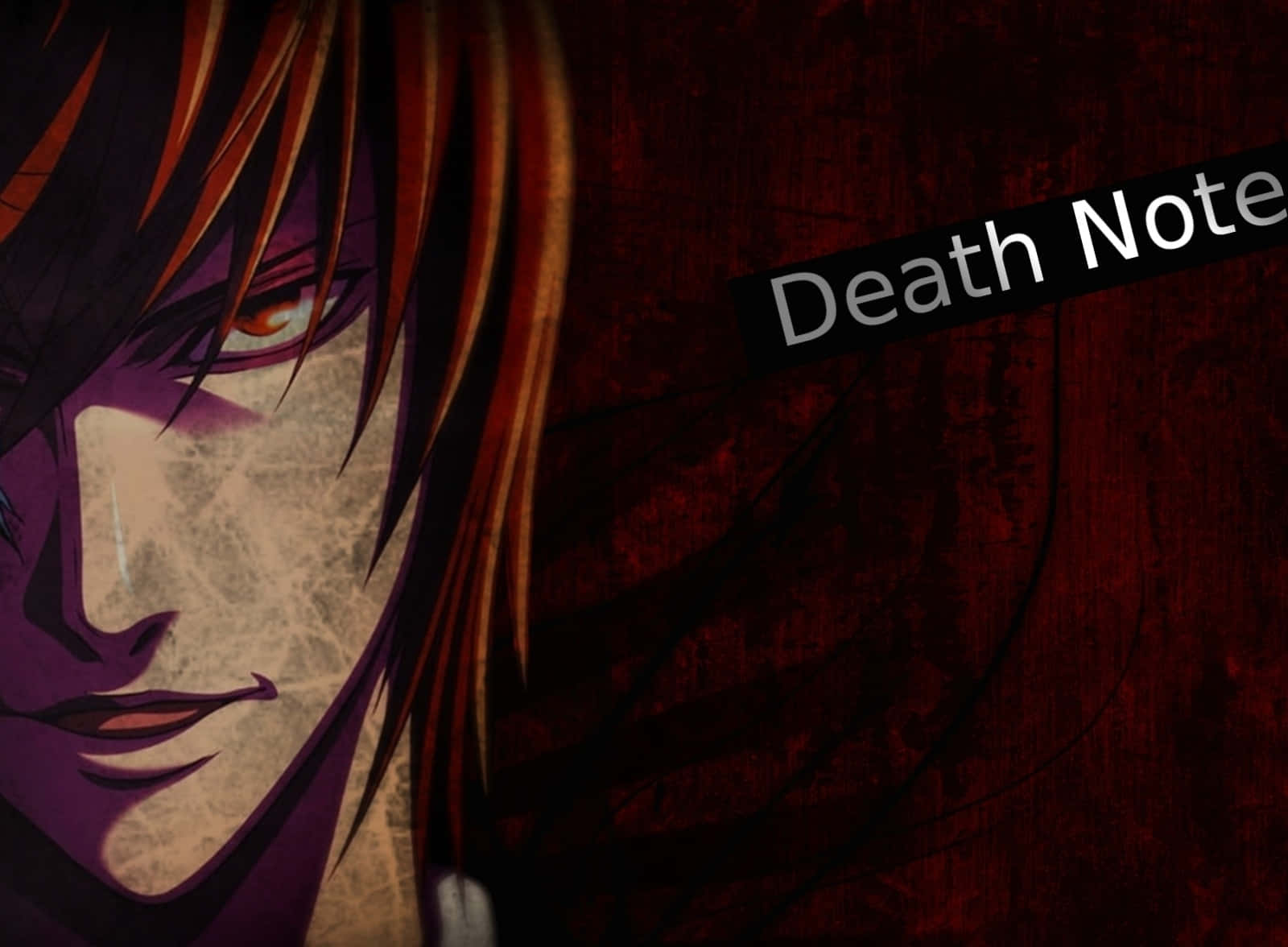 紅眼睛、黑頭髮嘅動畫角色，喺戲劇性紅色主題場景中，帶有「Death Note」字樣。