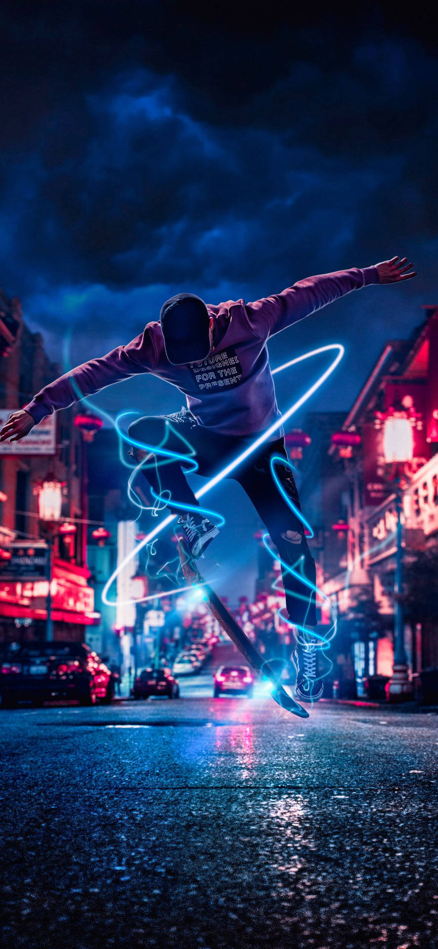 滑板手在霓虹城市中跳躍，帶有發光的藍色軌跡。
