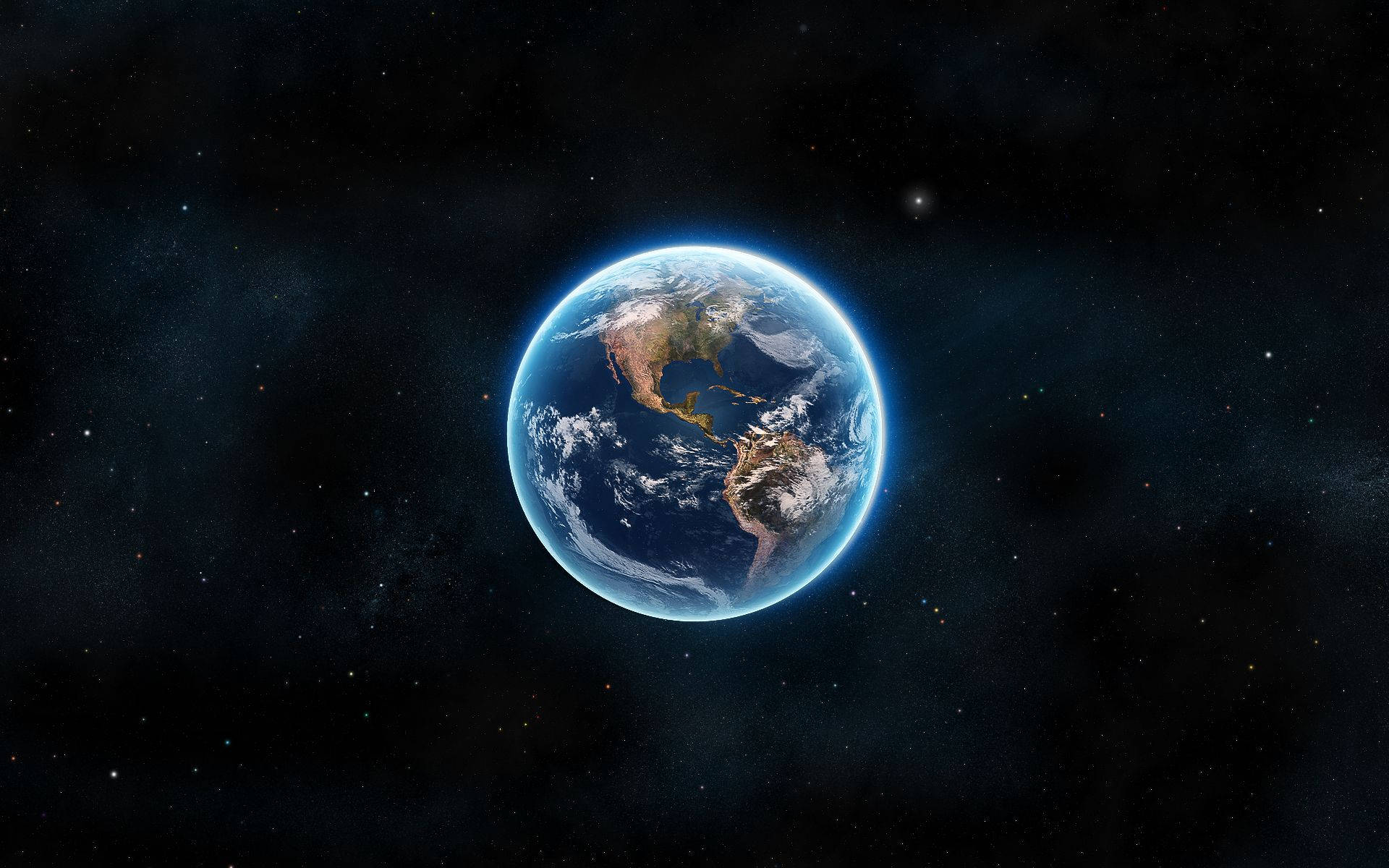 從太空看到的地球，背景有藍色海洋、白色雲層和星星。