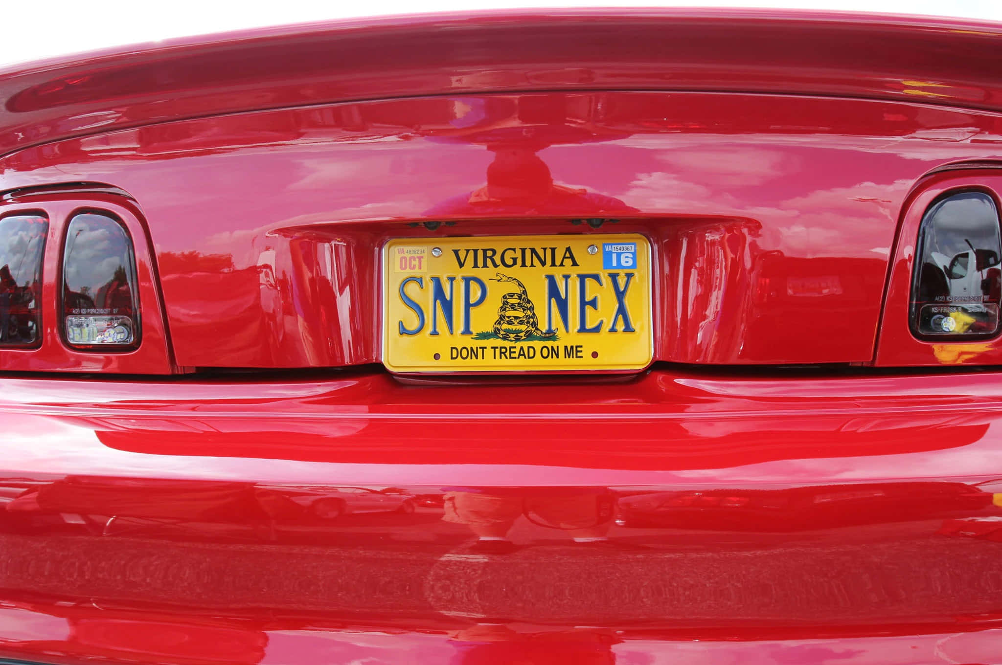 Car License Plate 桌布 壁紙 — 光面紅色汽車車尾箱的特寫，顯示帶有「SNP NEX」和「DON'T TREAD ON ME」標語的維珍尼亞州車牌。