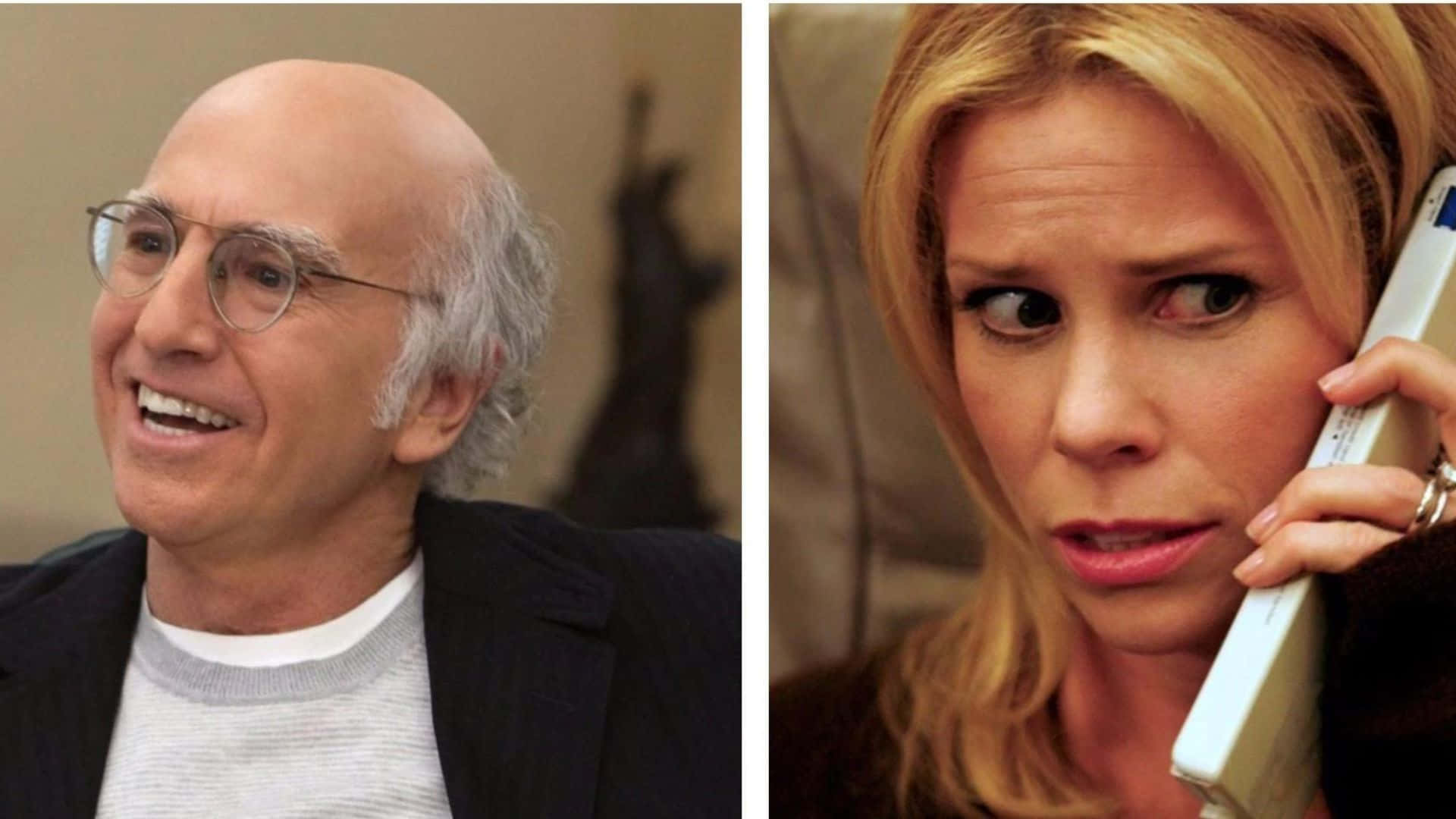 larry david 桌布 壁紙 — 光頭戴眼鏡男人微笑和金髮女人打電話表情驚慌的分屏畫面。