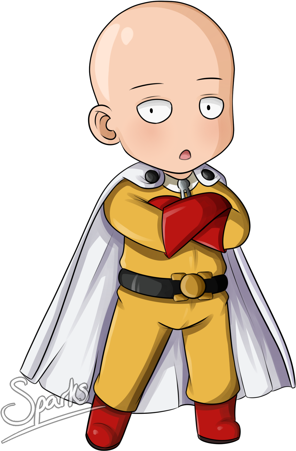光頭披風英雄卡通 壁紙 — Chibi Saitama 雙手交叉，身穿標誌性的黃色套裝和白色斗篷，站在黑色背景前。