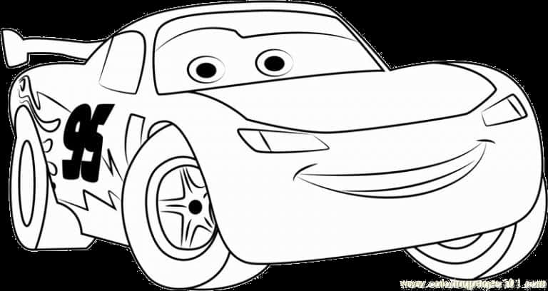 光頭車塗色頁 壁紙 — 一輛帶有95號和火焰貼紙的歡樂卡通賽車，以黑白線條藝術風格燦爛微笑。