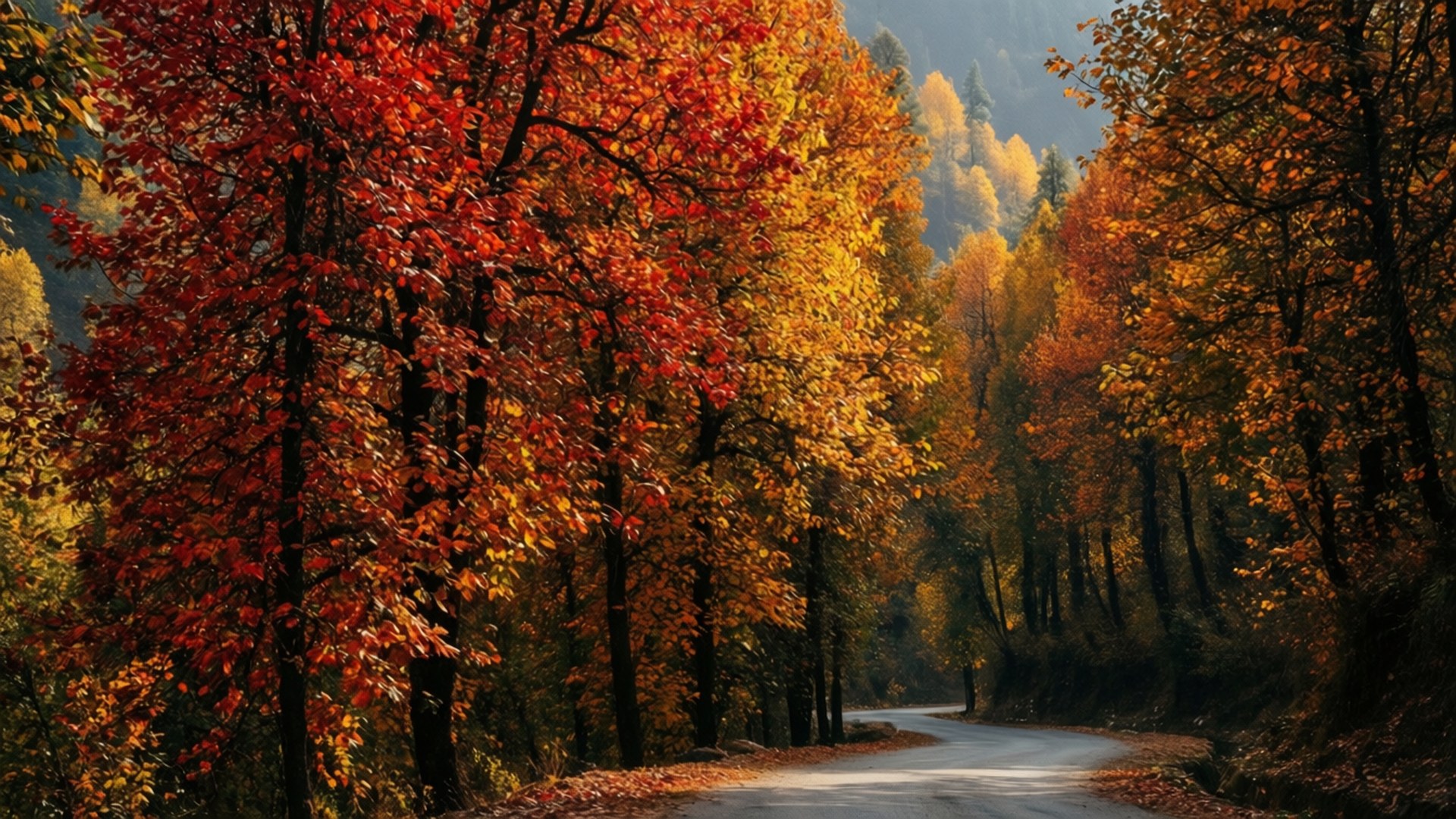 蜿蜒的道路穿過秋日森林，充滿鮮豔的紅色和金色樹葉。