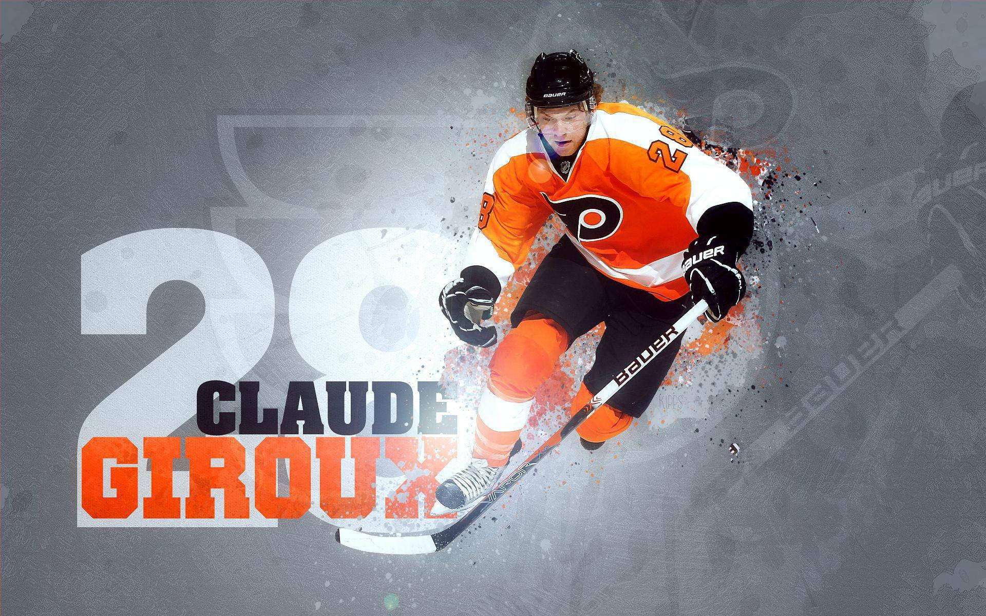 冰球運動員 Claude Giroux 身穿橙色和黑色制服，號碼 20，正在比賽中。