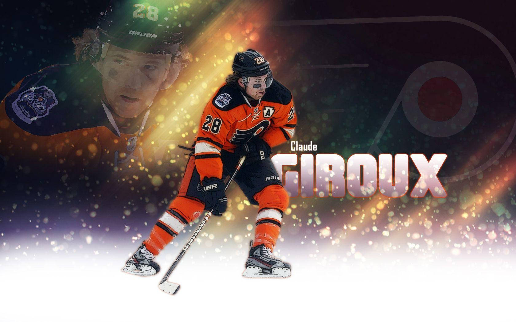 冰球運動員 Claude Giroux 身穿橙色和黑色球衣在發光背景下行動。