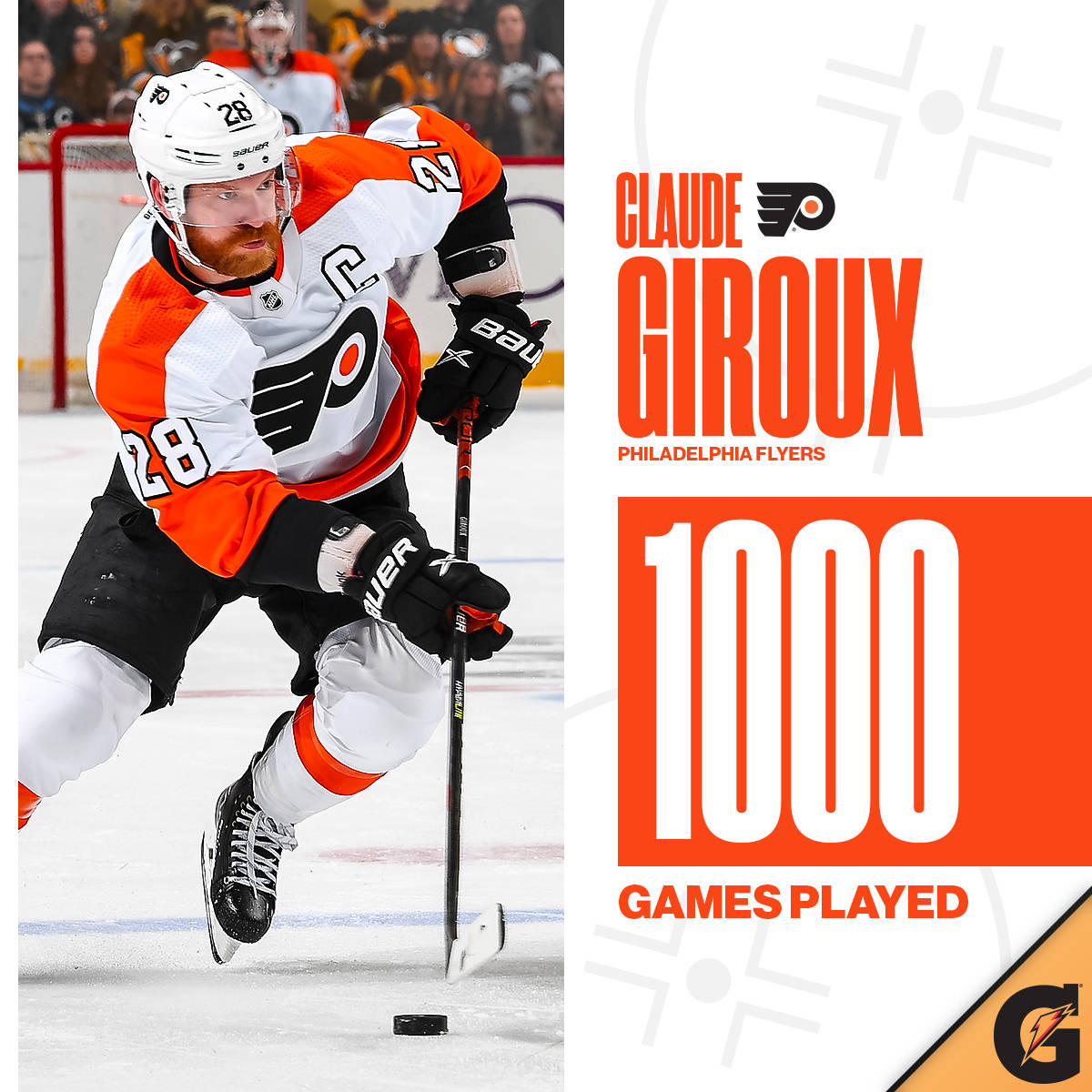 冰球運動員 Claude Giroux 穿著費城飛人隊制服慶祝出戰 1000 場比賽。