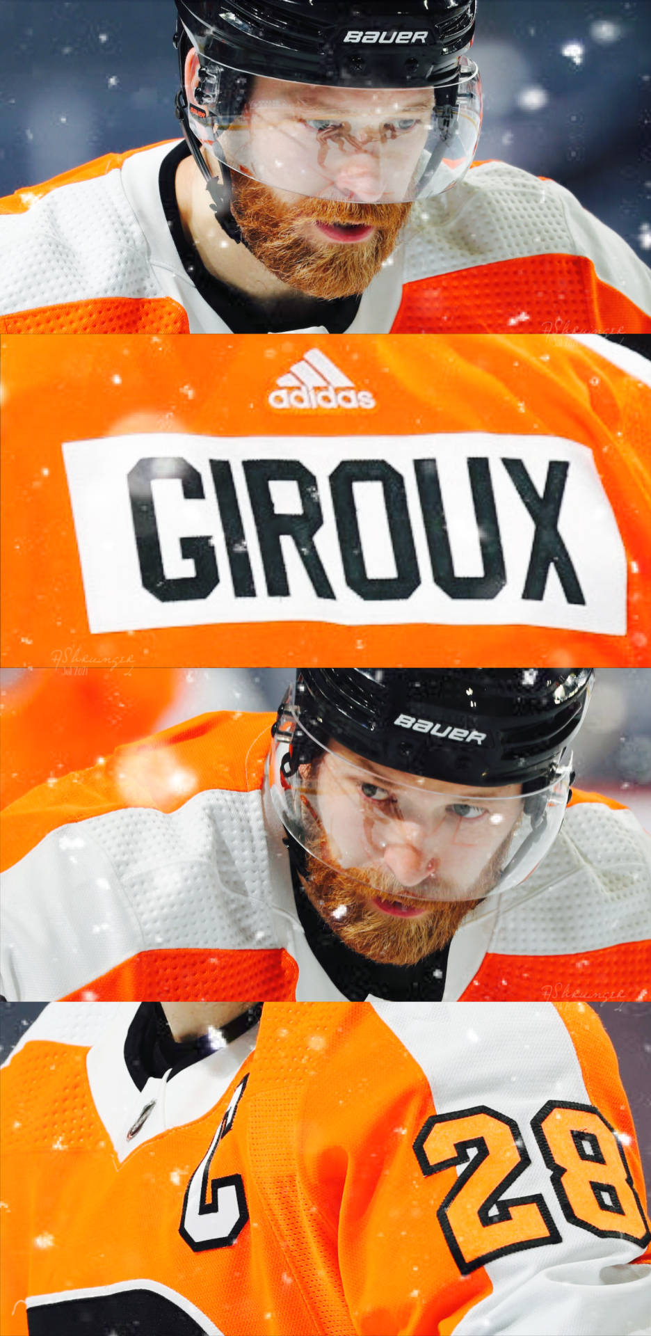 冰球運動員 Claude Giroux 在比賽中身處雪中，身穿橙色和白色球衣。 — Adidas GIF 壁紙