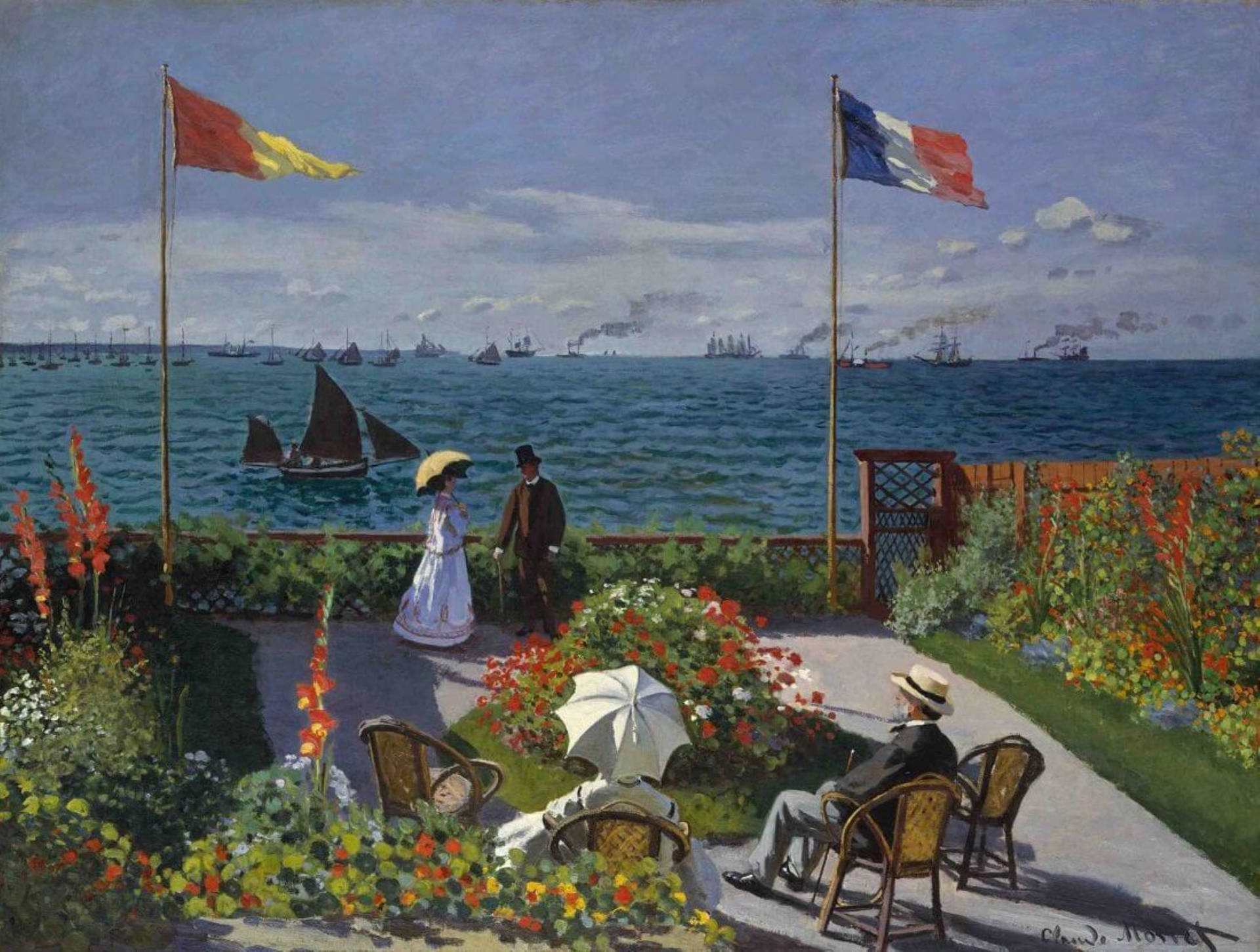 人們享受陽光明媚的花園景色，海上有帆船和旗幟。
