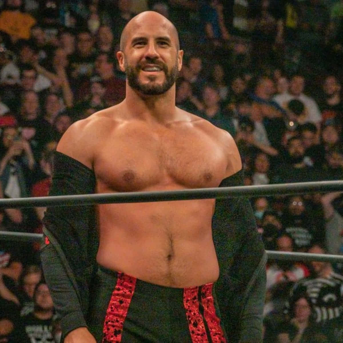 克勞迪奧·卡斯塔格諾利於AEW x NJPW Forbidden Door賽事 壁紙 — 一位肌肉發達、光頭、留鬍子的摔角手在擂台上自信地微笑，身後人群歡呼。