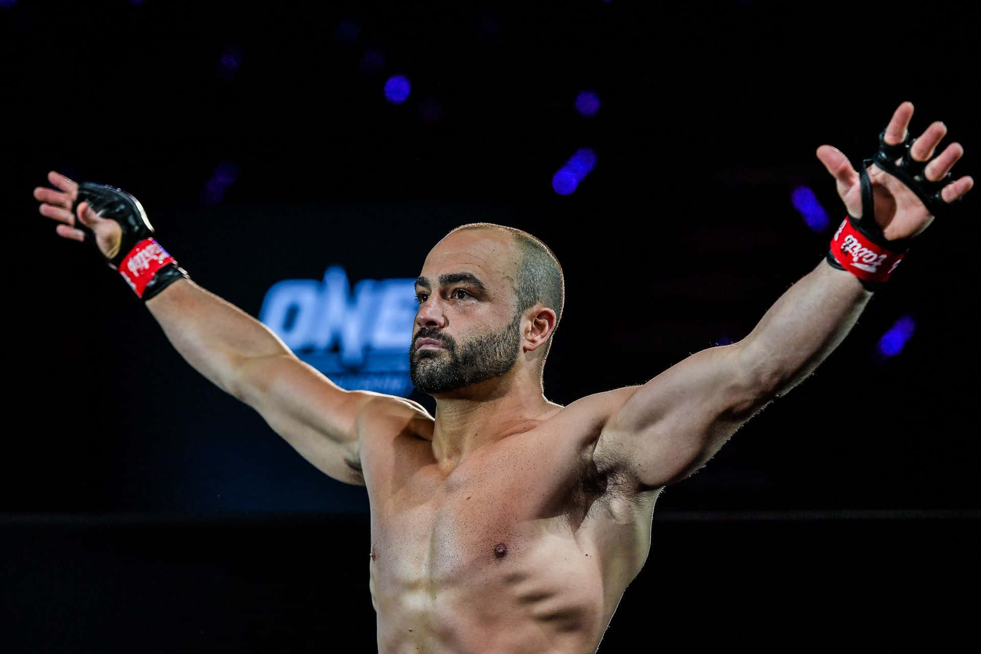 一位勝利的MMA拳手在競技場燈光下高舉雙臂慶祝勝利。