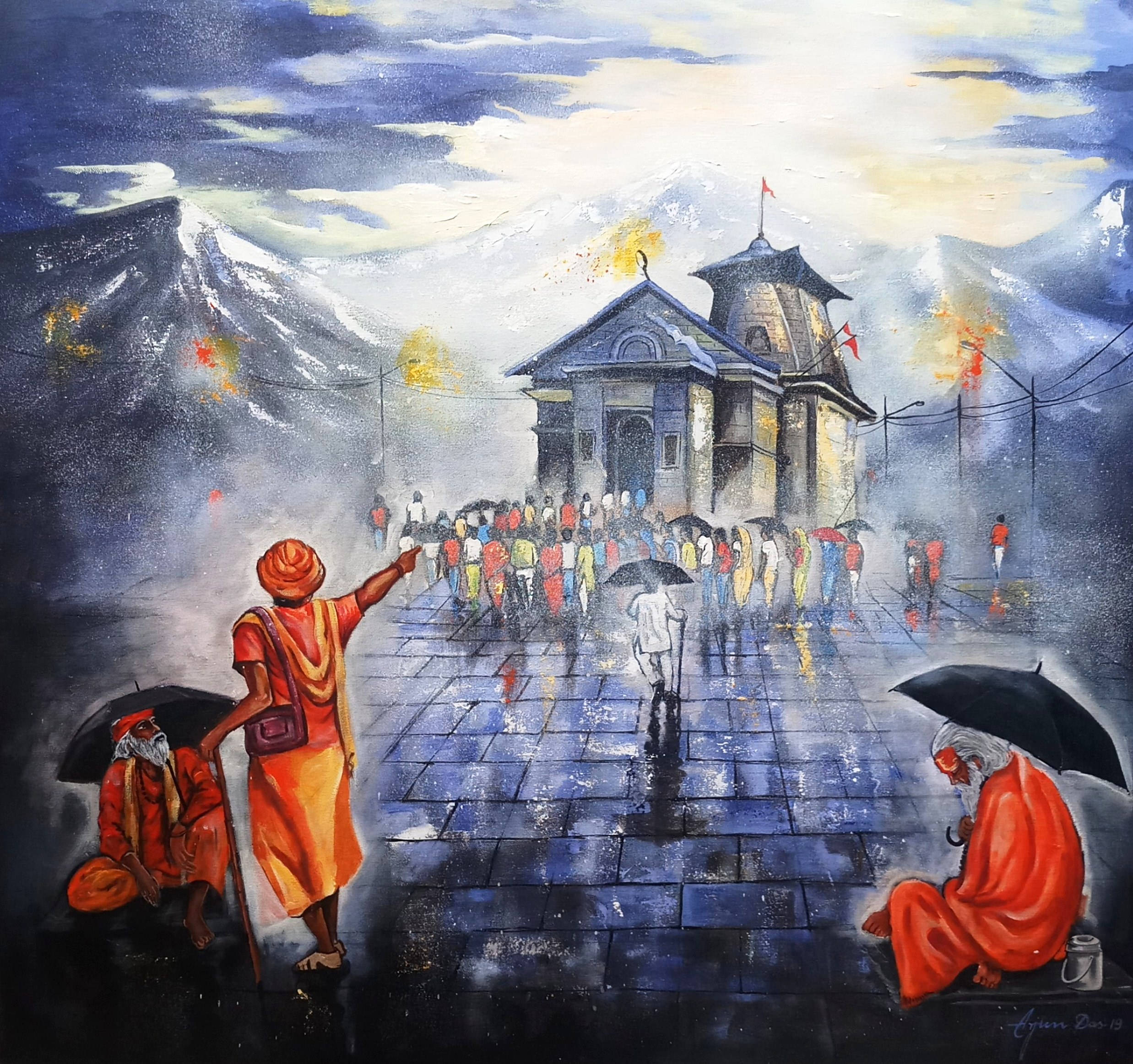克德蘭納特廟宇 4K 藝術 壁紙 — 一幅充滿活力的繪畫場景，描繪朝聖者在暴風雨的天空下走向寺廟，背景是白雪覆蓋的山脈。