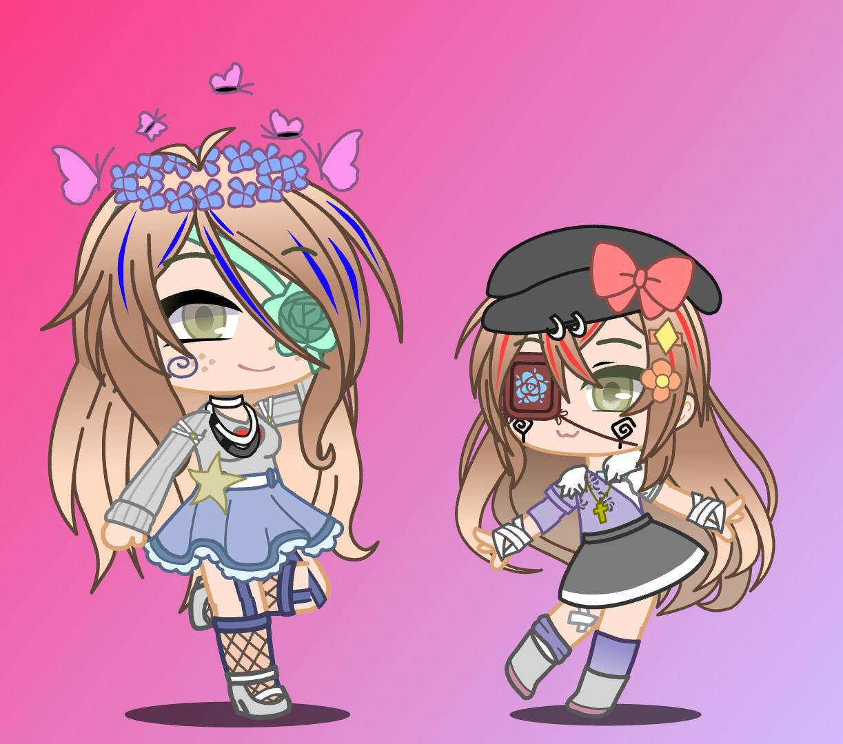 克拉拉·奧頓 Gacha 服裝 壁紙 — 兩個戴眼罩和蝴蝶髮飾的Q版動漫女孩站在粉紅色漸變背景前。