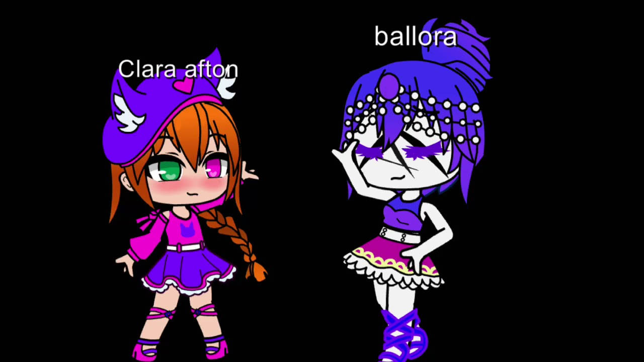 克拉拉·奧頓 X 球拉 Gacha 設計 壁紙 — 兩個穿著紫色服裝、髮型獨特的Q版動漫女孩站在黑色背景前。