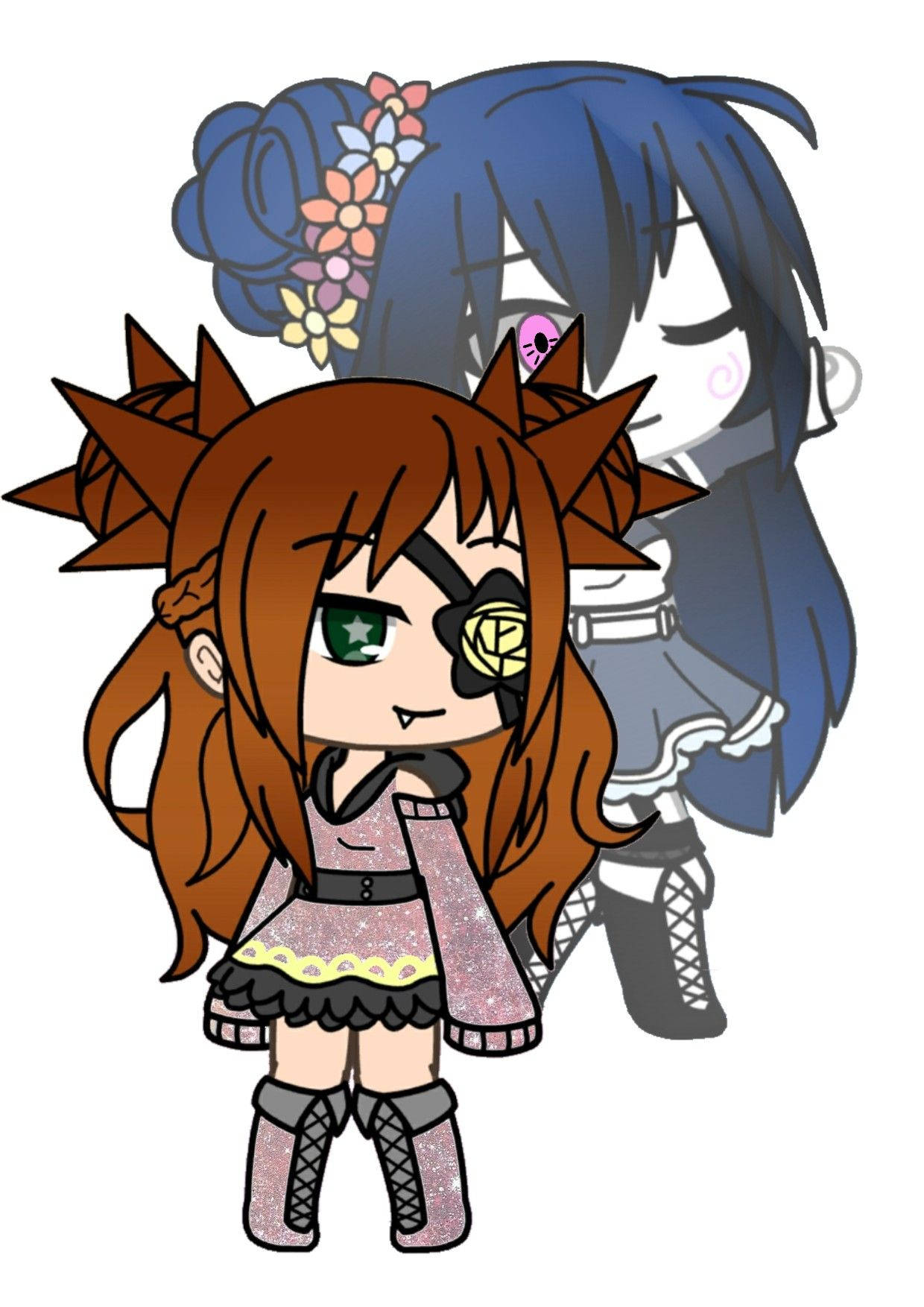 克拉拉·奧頓 X 球拉 異想天開 Gacha 壁紙 — 兩個Q版動漫女孩，一個有棕色刺蝟頭和眼罩，另一個有藍色頭髮和花苞頭。