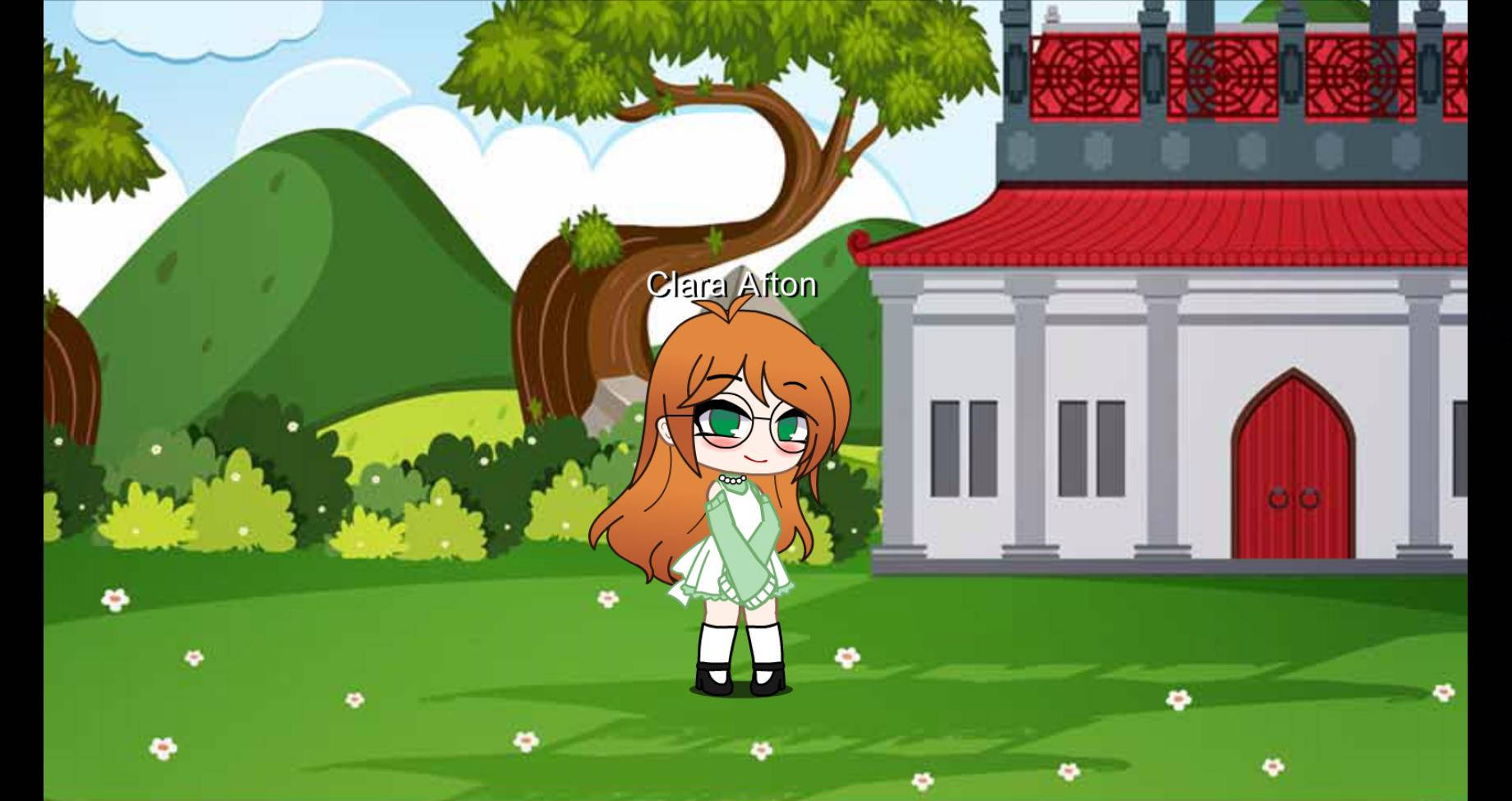 克拉拉·奧頓花園 Gacha Life 壁紙 — 一個橙色頭髮、戴眼鏡的卡通女孩站在草地庭院中，背景是紅頂建築、山丘和樹木。