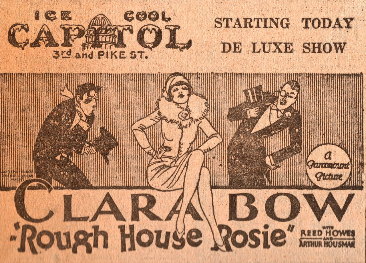 克拉拉·鮑精緻藝術畫布 壁紙 — 克拉拉·鮑的《Rough House Rosie》在Ice Cool Capitol劇院的復古1920年代電影海報，帶有粗體字體和飛女郎風格插圖。