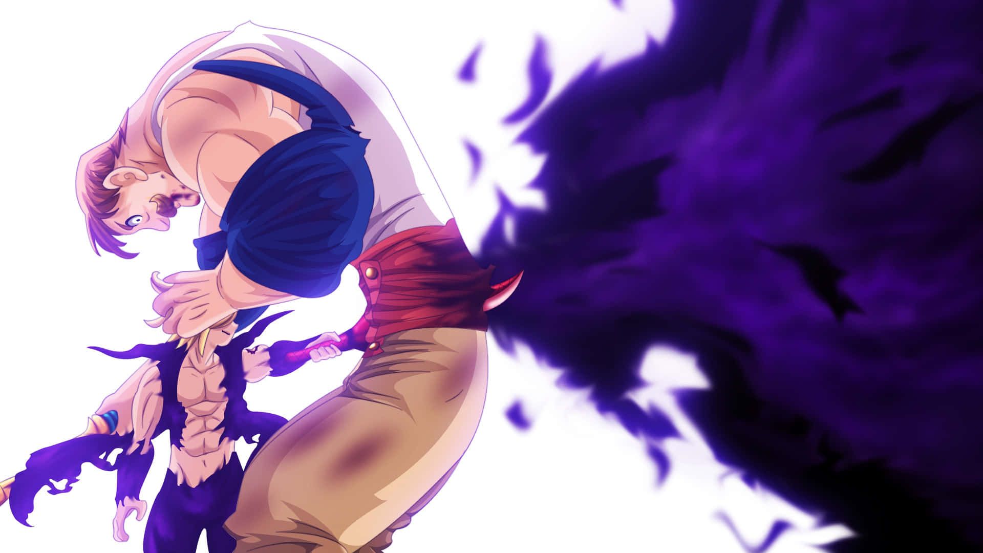 動漫男性戰士在戰鬥中釋放紫色能量爆炸。