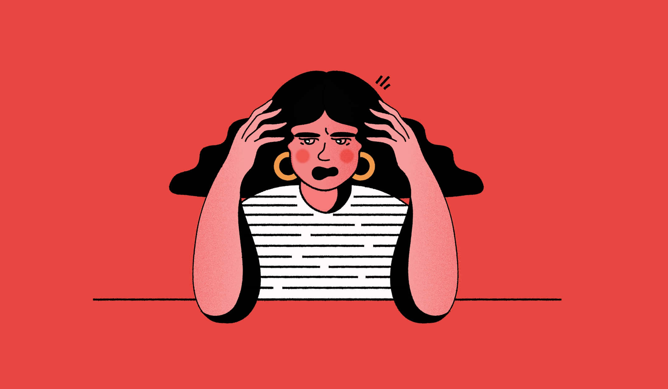 克服心理疲憊 壁紙 — 一位深色頭髮、戴著圈狀耳環的壓力女性，在純紅色背景前沮喪地抓著頭。