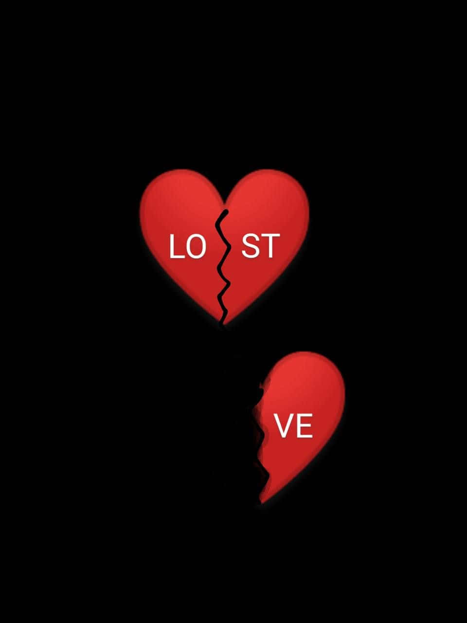 克服心碎 壁紙 — 一個破碎的紅色心形，帶有「LOST」和「VE」文字碎片，背景為黑色。