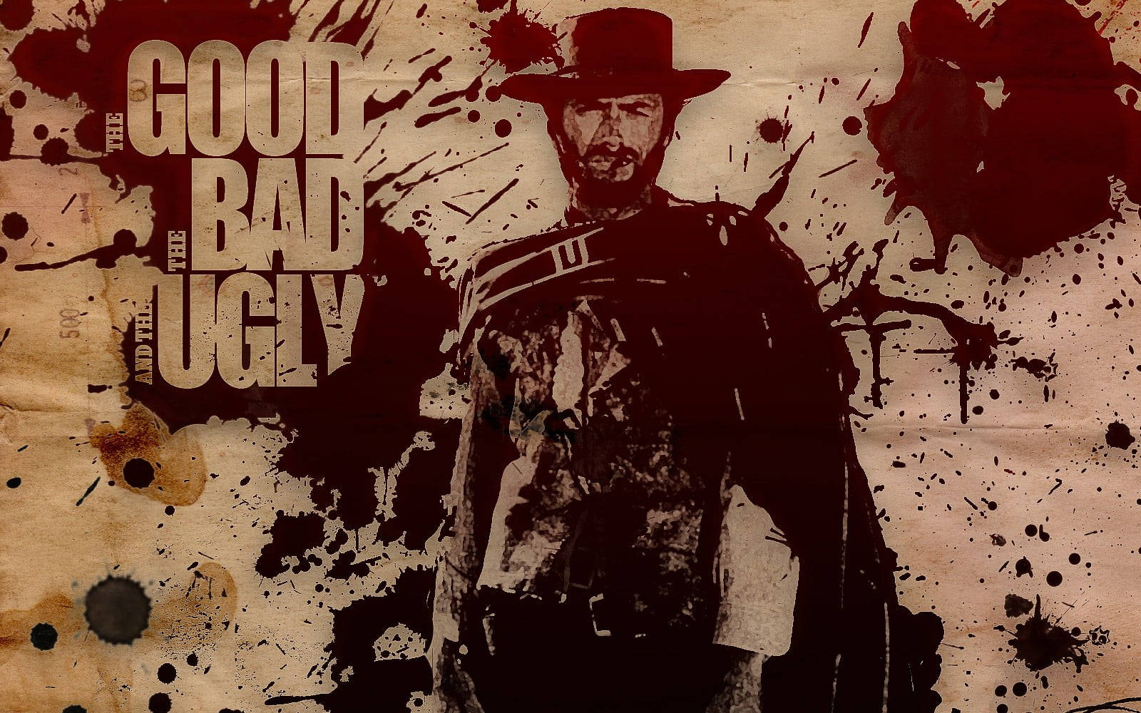 電影《The Good The Bad and The Ugly》的海報，上面有一個牛仔和血跡。