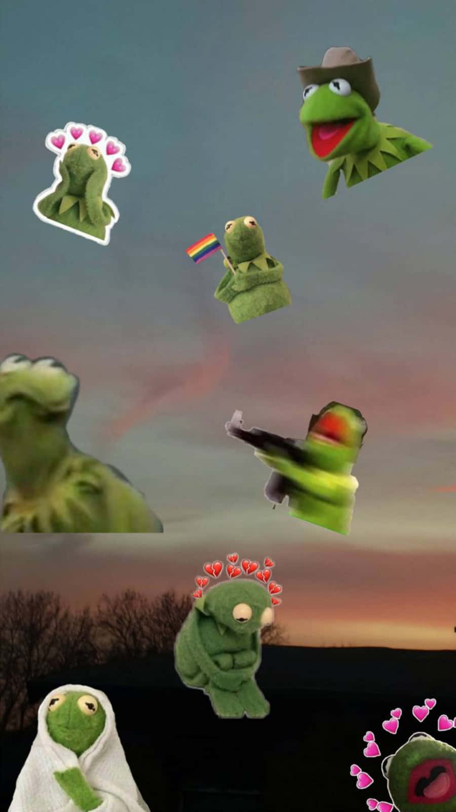 Kermit the Frog 迷因在帶有心形和彩虹旗的日落天空中漂浮。