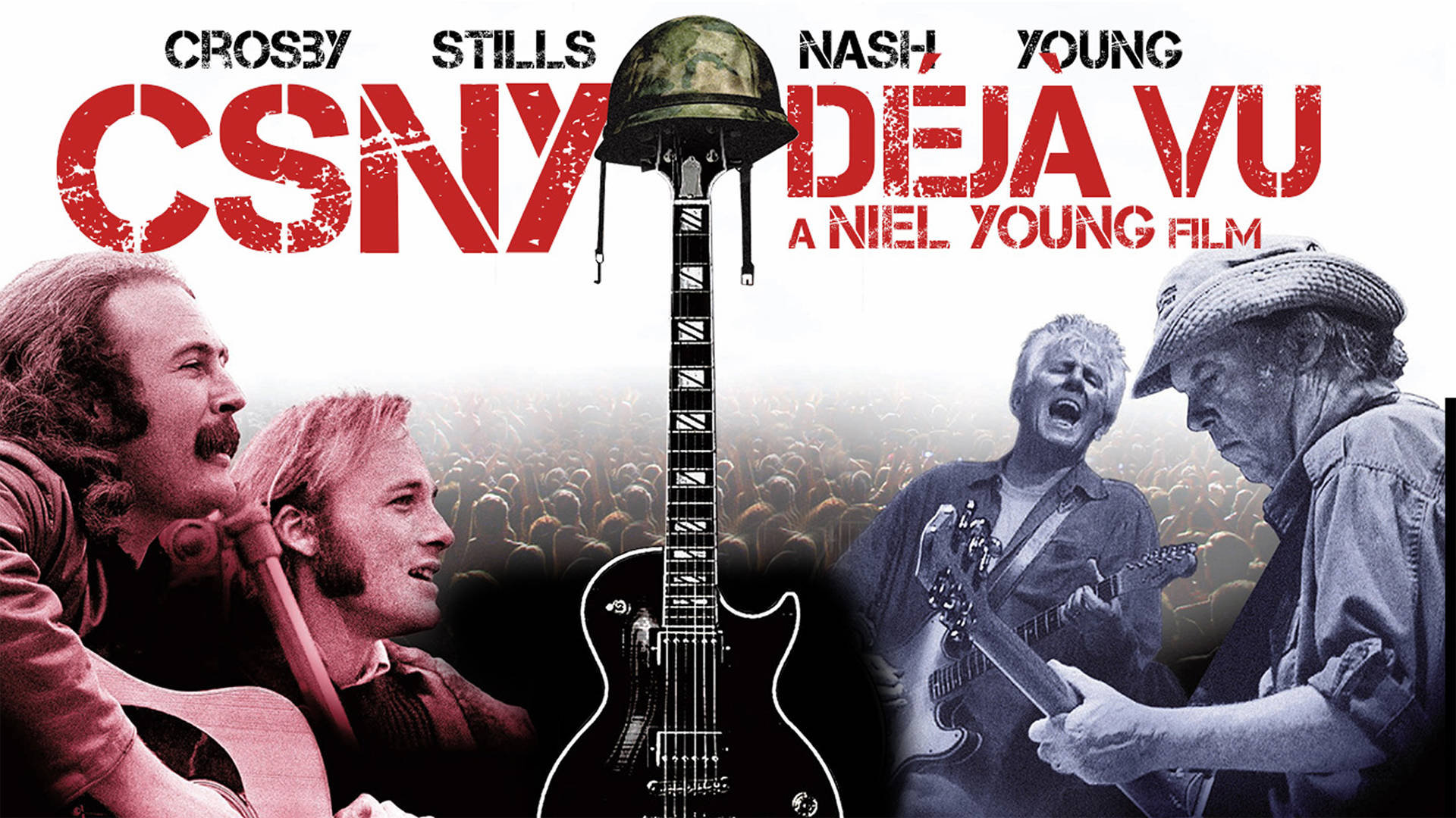 CSNY Deja Vu演唱會海報，包含樂隊成員及結他頭盔圖案。